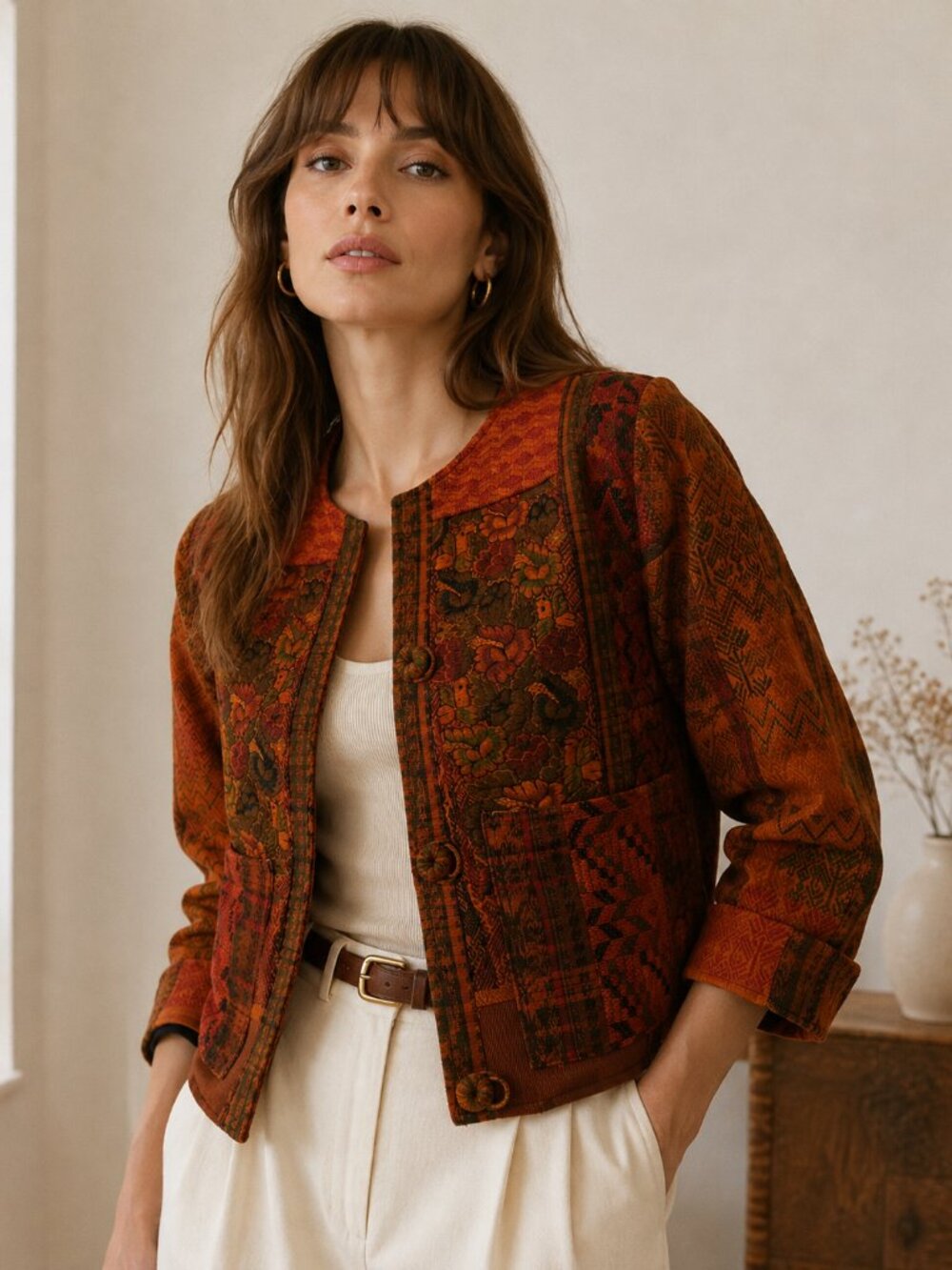 VINTAGE Artisan Patchwork Embroidered Tapestry Jacket Boho Ethnic Orange Size S